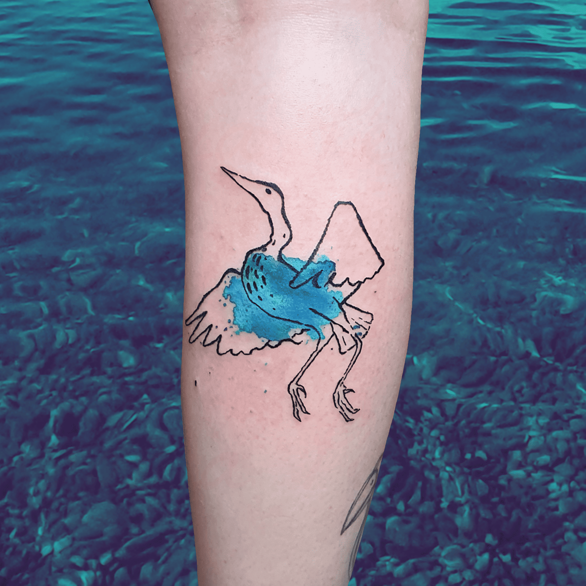 Photo tatouage d'un héron avec une tâche d'aquarelle bleue